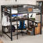 Grand lit mezzanine avec bureau et tiroirs de rangement en tissu non tissé, structure de lit mezzanine en métal avec échelles