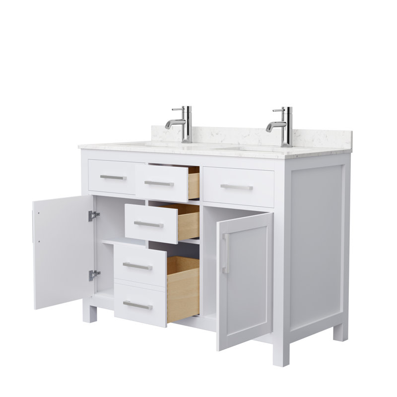 Beckett 48" Freestanding Double Bathroom Vanity with Cultured Marble Top, Brushed Nickel, Carrara Cultured Marble, White