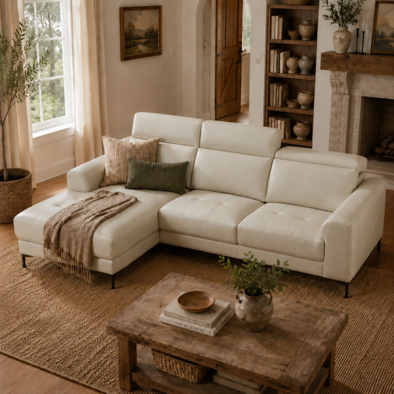 Canapé modulaire en cuir véritable à accoudoirs arrondis 109,5 po avec méridienne gauche, Orienté à gauche (vu de face)