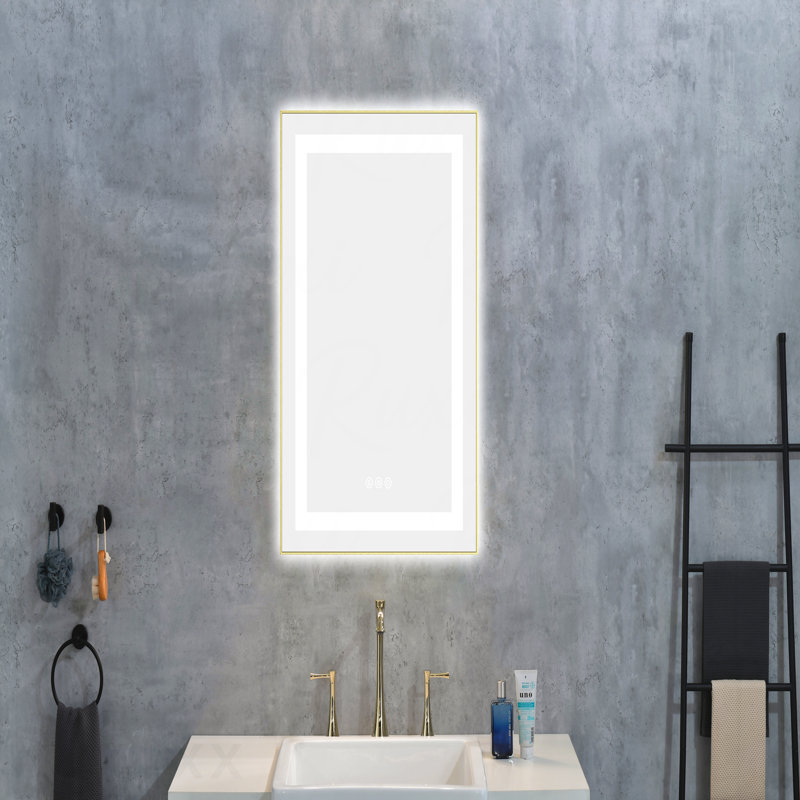Miroir d'appoint de salle de bain 20 po x 28 po à DEL en aluminium, Doré, Rectangulaire, 28 po x 20 po