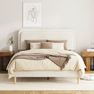 Full Bed Frame, Plush Upholstered Platform Bed with Height-Adjustable Headboard, Sturdy Steel and Wood Construction, No-Spring Mattress Compatible, Easy to Assemble