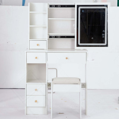 Small Size Left Drawer Desktop Vanity Table + Cushioned Stool, 2 AC+2 USB Power Station, Hair Dryer Bracket, Extra Large Touch Control Sliding LED Mirror, Tri-Color Switching, Brightness Adjust