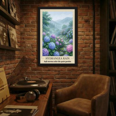 Landscape  Nature Hydrangea Rain Garden Scene With Mountains And Flowers