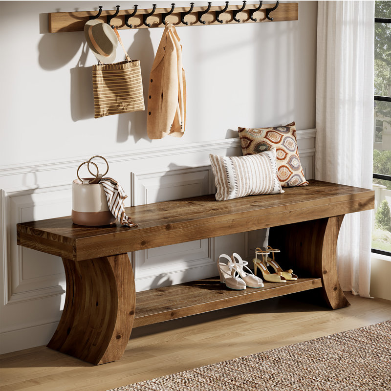 Banc d'entrée en bois massif, banc de rangement de chaussures de ferme à 2 niveaux