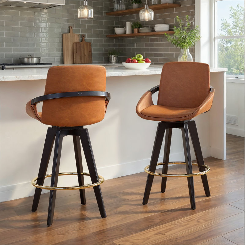 Tabouret de comptoir à hauteur fixe en similicuir de 26 po avec pieds en bois noir et repose-pieds rond Whitacre