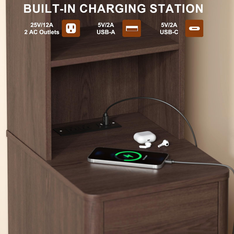 Tall Nightstand with Charging Station, Brown