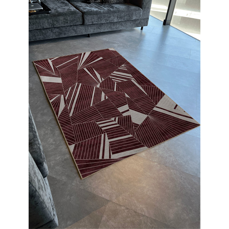 Tapis décoratif moderne à motif géométrique à motif abstrait bourgogne, Rectangle 3 pi 9 po x 4 pi 11 po