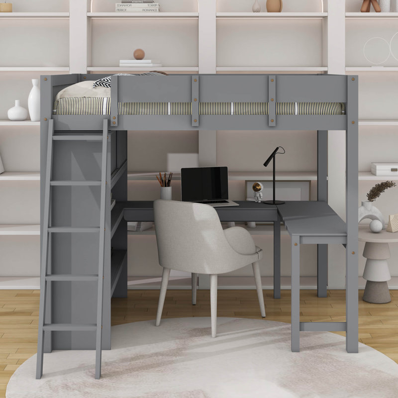 Full Size Loft Bed With Desk, Grey
