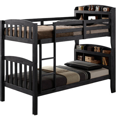 Lit simple superposé au-dessus gris avec finition transitionnelle, bois massif et bois d'ingénierie, têtes de lit bibliothèque, style gris, avec lattes et design convertible