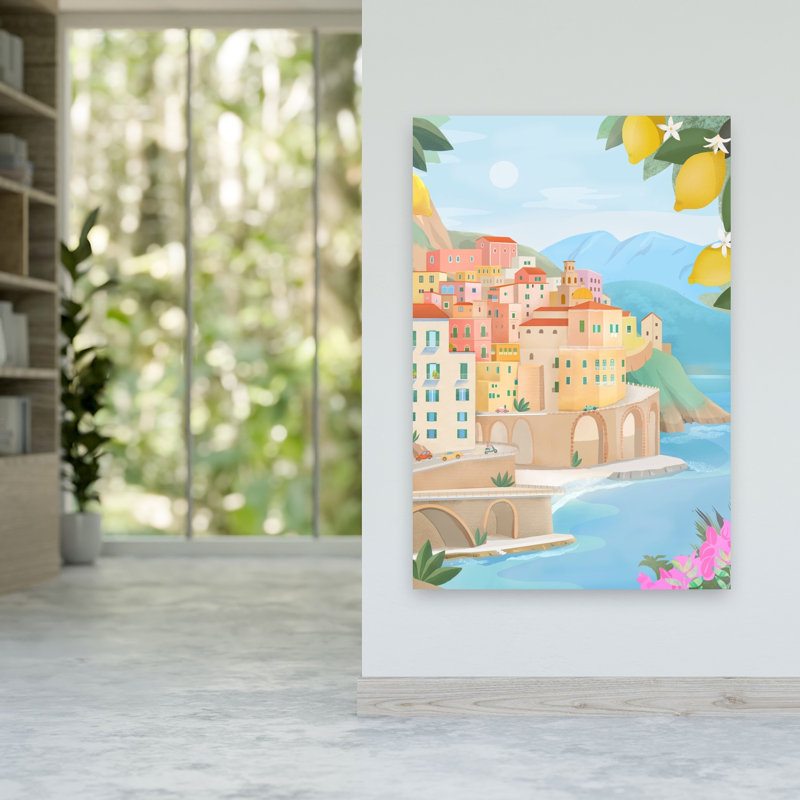 Côte amalfitaine, Italie - Illustration murale abstraite et colorée représentant un citronnier et une architecture côtière