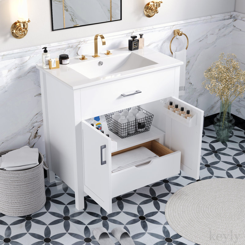 Ensemble de meuble-lavabo simple 29,9 po avec dessus en céramique Lilbert, Blanc