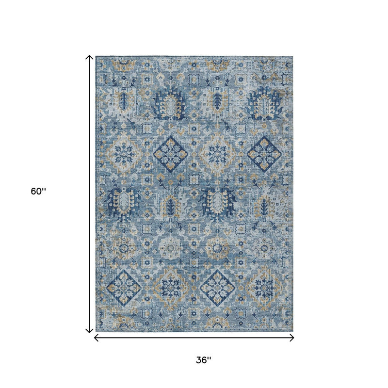 3' X 5' Denim Blue And Gold Floral Medallion Washable Indoor Outdoor Area Rug