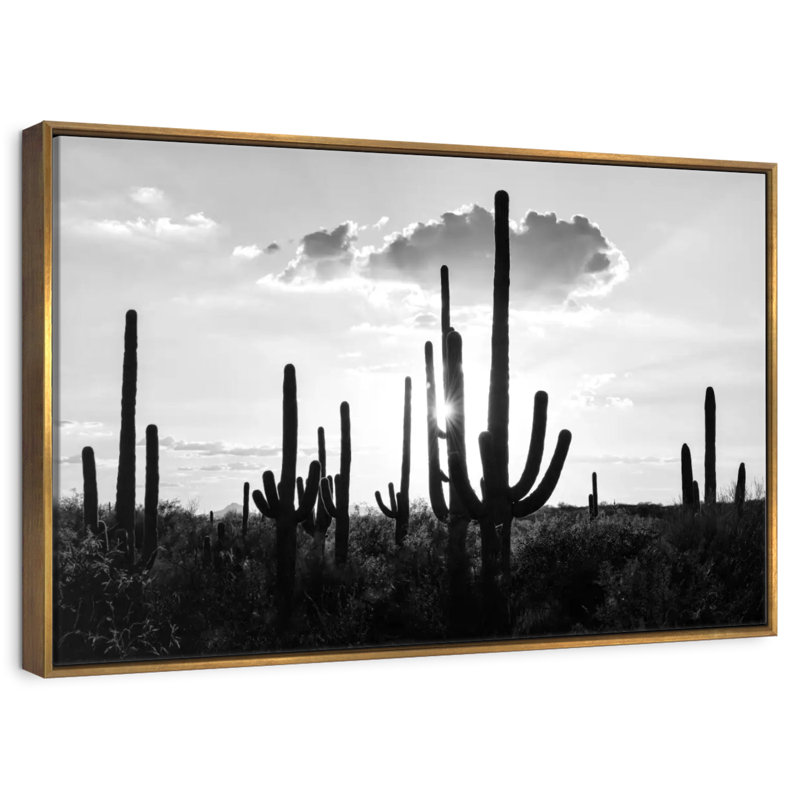 Arizona noir - Silhouettes de cactus, Cadre flottant doré, 13 po x 9 po