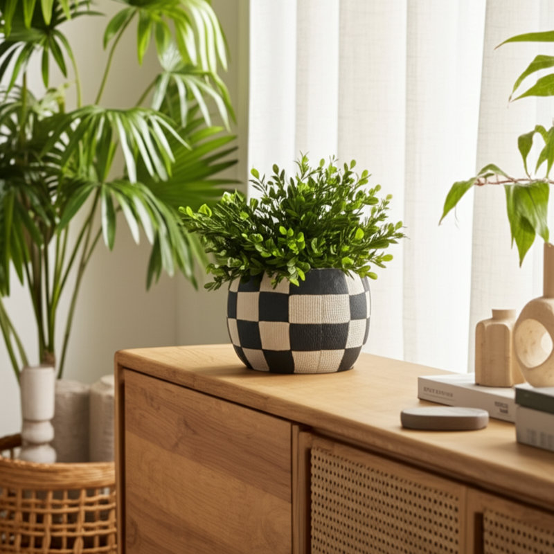 Planter Pottery Cement with Handcrafted Textured Checkered Design and Rounded Silhouette Featuring Durable Construction and Distinctive Visual Pattern for Decorative Display Spaces