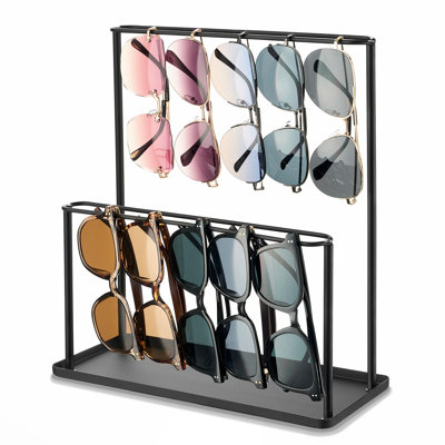 Sunglasses Organizer Glasses Holder Stand with Tray, Eye Glasses Display, 2 Tier Sunglass Storage Rack for Multiple Glasses, for Desk, Nightstand, Dresser, Vanity, Metal, Black