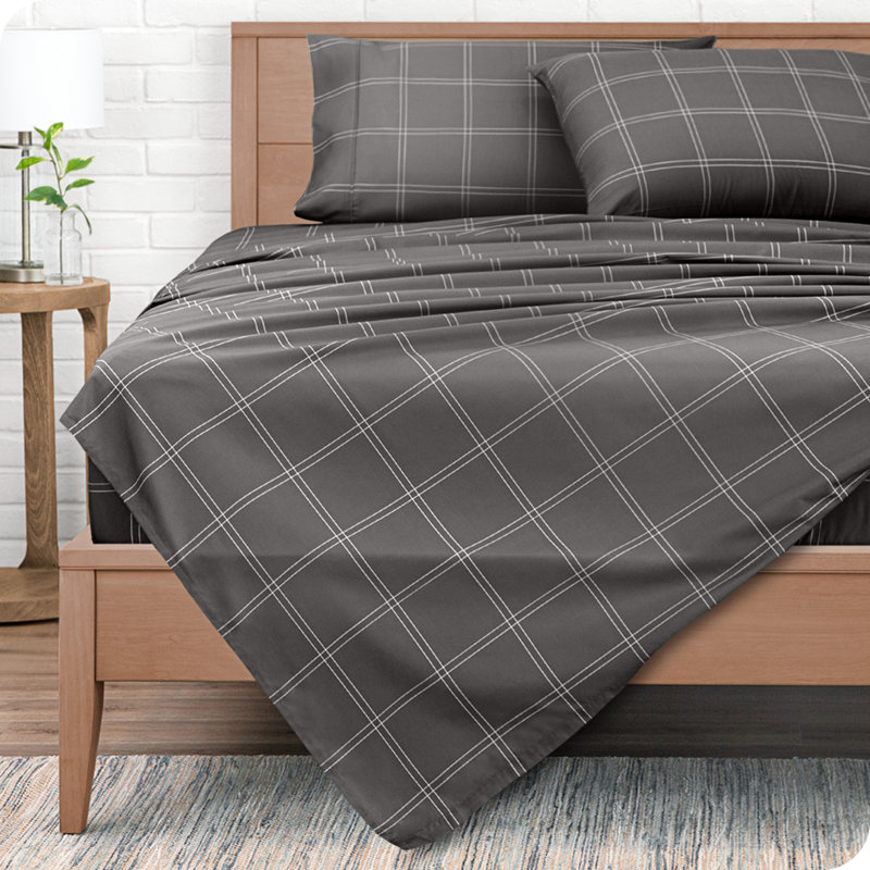 Microfiber Plaid Flat Sheet, Twin Flat Sheet, Gray Plaid