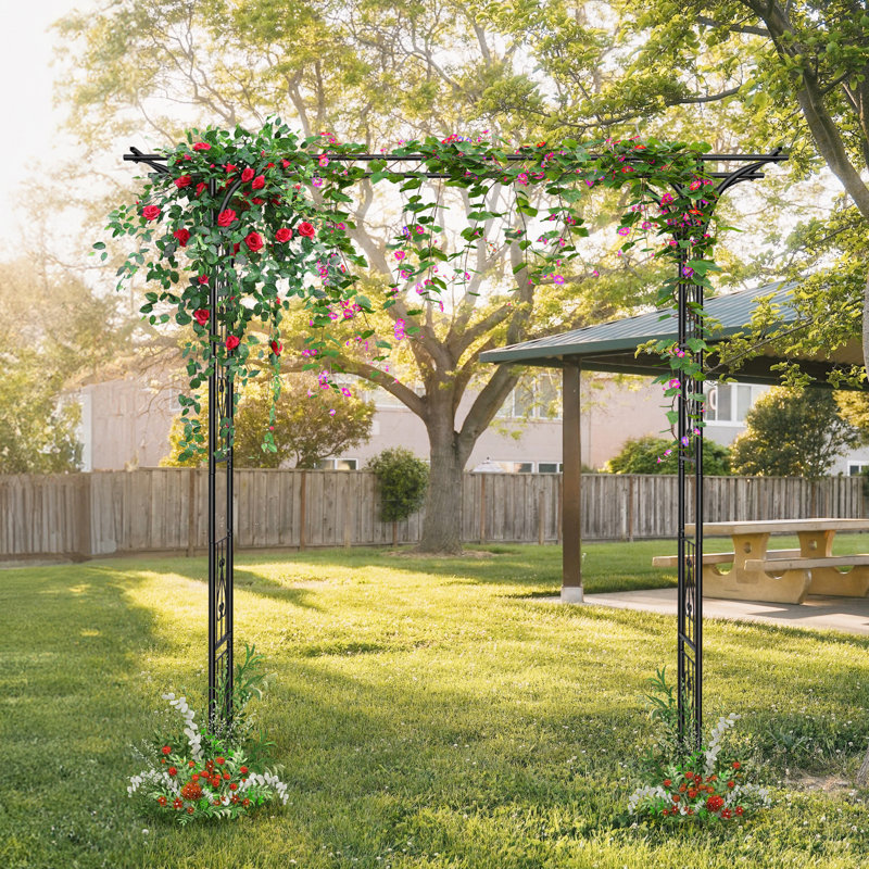 Arche de jardin en fer forgé de 7 pi de hauteur avec treillis noir pour plantes grimpantes, mariage et décoration extérieure