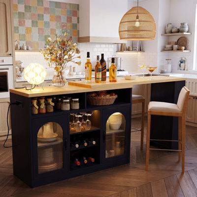 Buffet avec plateau extensible, casier à vin, éclairage DEL couleur, portes en acrylique et tablettes ajustables