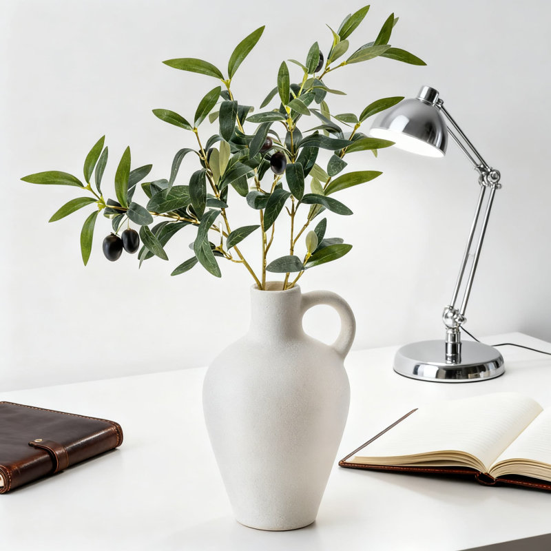 Vase en céramique texturée avec branches olive artificielles, décor de bureau à la maison minimaliste, ensemble-cadeau neutre haut de gamme pour tablette et plateau de table