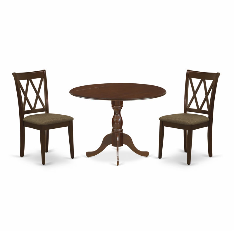 3 Piece Dining Table Set for Small Spaces Contains a Round Dining Room Table with Dropleaf and 2 Linen Fabric Chairs, Mahogany