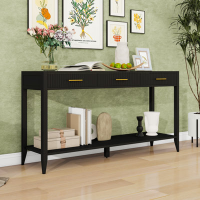Console élégante avec 3 tiroirs, façade ondulée et tablette de rangement ouverte