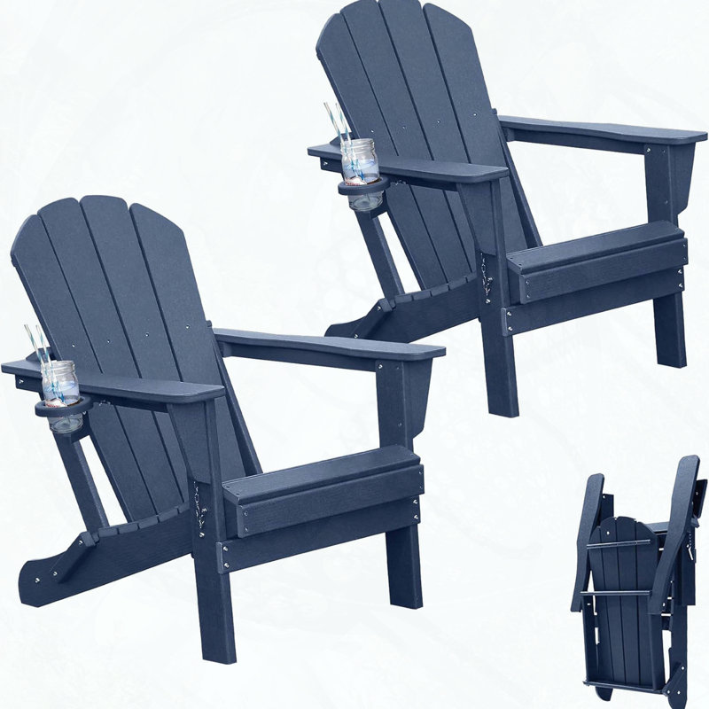 Folding HDPE Adirondack Chairs Set of 2 with Hidden Cup Holders (Dark Blue)
