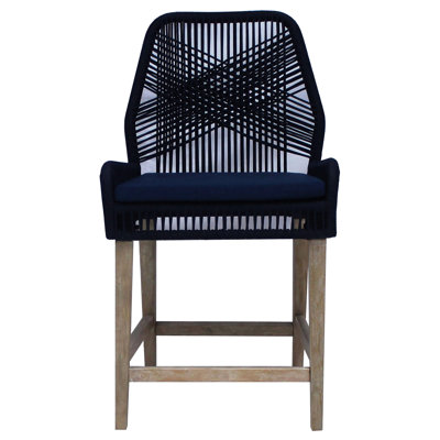 Tabourets à hauteur de comptoir (paire) - cadre bleu foncé avec 2 sièges de tabouret délavés patinés, corde tissée bleue, coussin relaxant