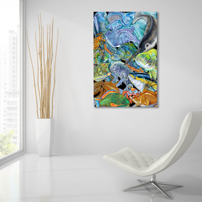 «Collage Sea Life» par Tim Jeffs, art mural en verre acrylique, 24 po x 36 po