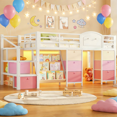 Kids Low Loft Bed with 9 Storage Drawers and 3 Tiers Bookshelf LED Under-bed Play House Harriet Bee