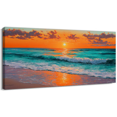  Tropical Sunset Beach Canvas Wall Art, Vibrant Coastal Wall Decor for Living Room, Serene Ocean Artwork, Warm Gallery Wrapped Artwork, Ready to Hang, 16×32 inches