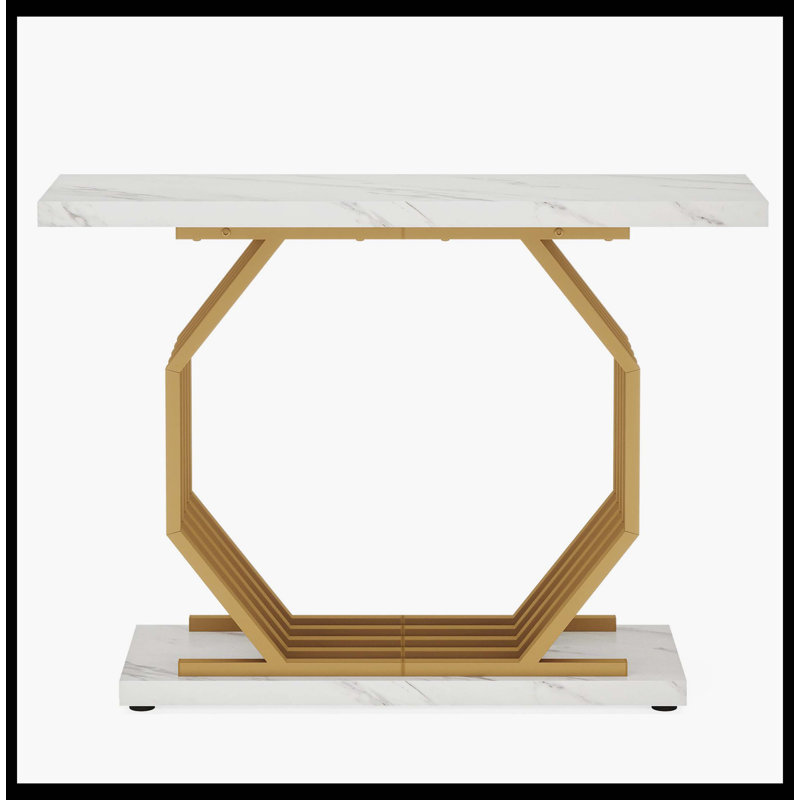 Faux Marble Console Table, 40" Accent Sofa Table With Geometric Metal Base, White/Gold