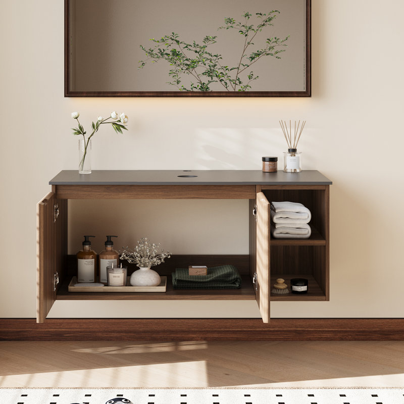 Base de meuble-lavabo simple 36 po seulement, plateau et armoire en pierre frittée noire, sans lavabo en céramique