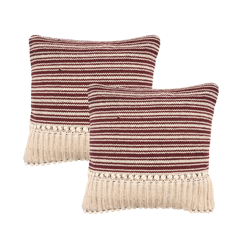 Ensemble de 2 coussins décoratifs en coton à rayures rouges, polyester
