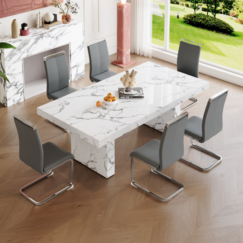 Ensemble de 6 tables de salle à manger en marbre, Gris, 7 pièces : table, 6 chaises