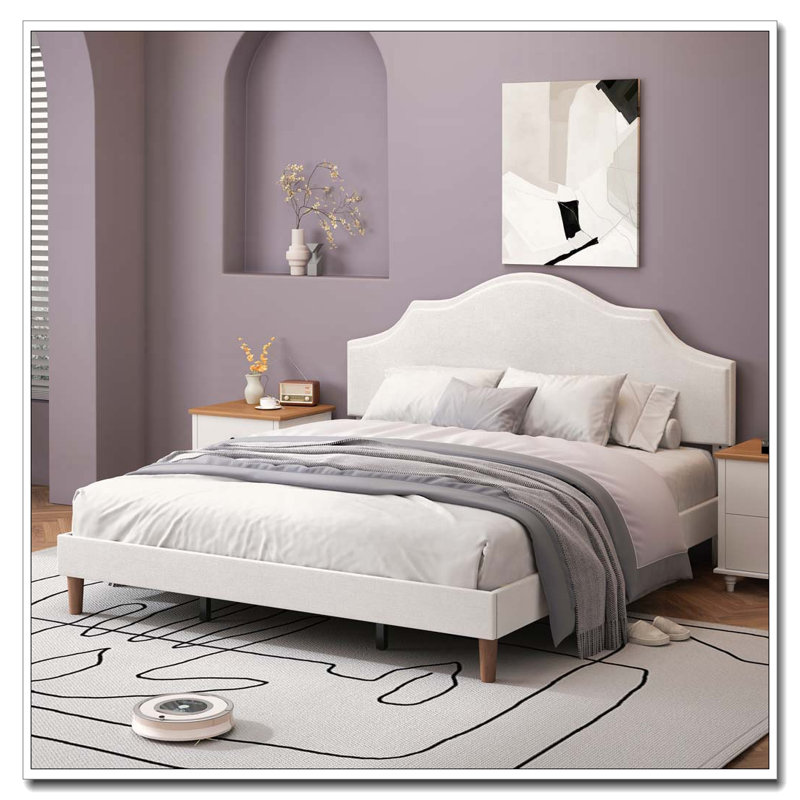 Très grand lit plateforme tapissier avec tête de lit ajustable et tissu en lin, aucun sommier nécessaire