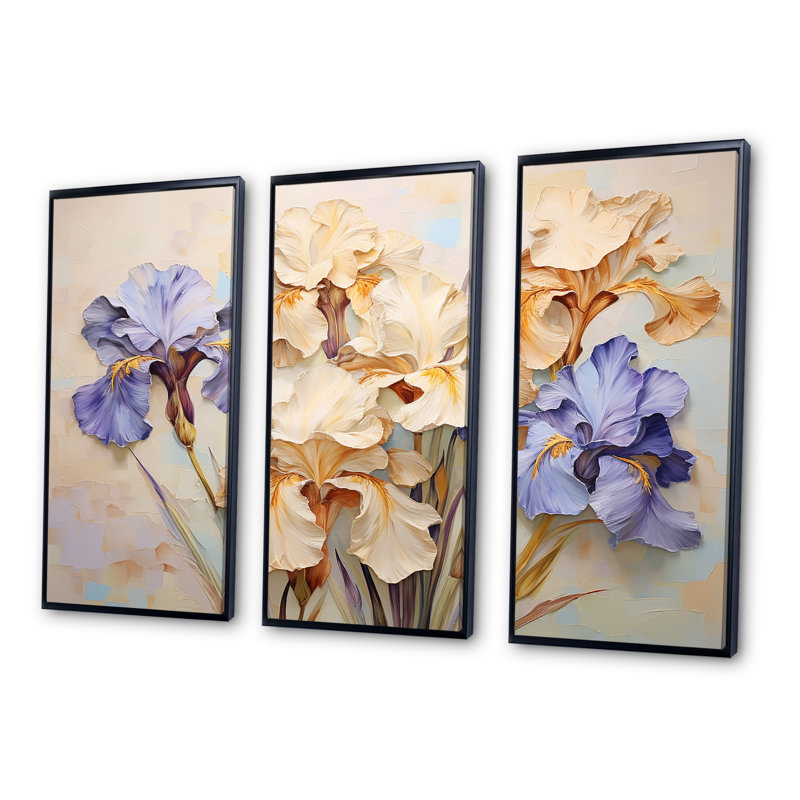 «Beige An Blue Minimalisme» Iris Serenity Blooms II - Iris, ensemble d'art sur toile, Cadre flottant noir