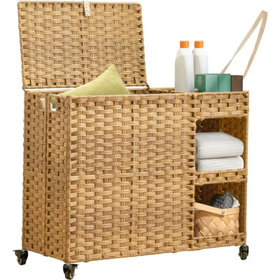 Panier à linge en rotin à roulettes, trieur de linge avec étagères, 4 doublures amovibles et 3 sacs en filet, organisateur de vêtements tissé à la main avec couvercle pour chambre, salle de bain et buanderie, naturel