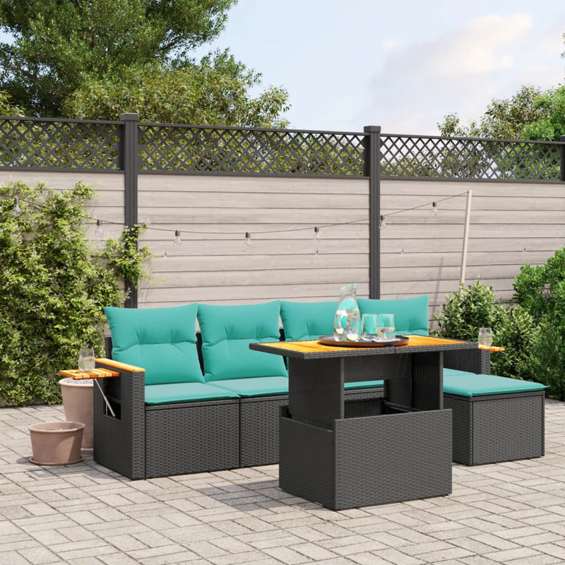  Ensemble de canapé de patio 6 pièces avec coussins en rotin de polyester, Noir, Vert
