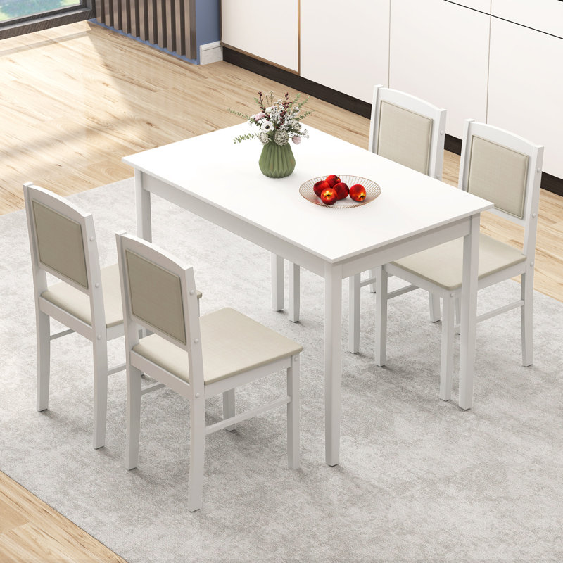 Ensemble de table de salle à manger 5 pièces pour 4 personnes avec dossier rembourré en bois d'hévéa, Blanc, Beige