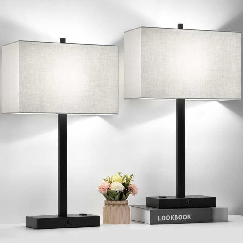 21" Black and Gray Touch Control Table Lamps with USB & AC Outlets, Set of 2