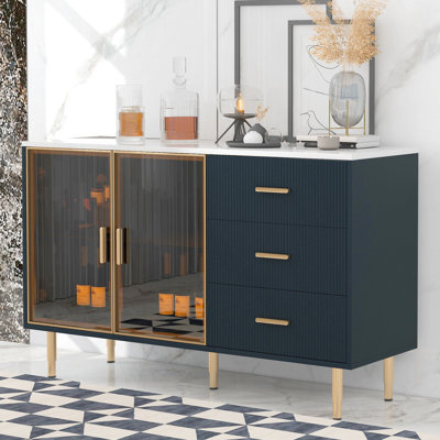 Buffet Cabinet In Navy Blue With Adjustable Shelves And Handles Modern Sideboard , Marble Sticker Top Amber Tempered Glass Doors, Gold Metal Legs For Functional Space