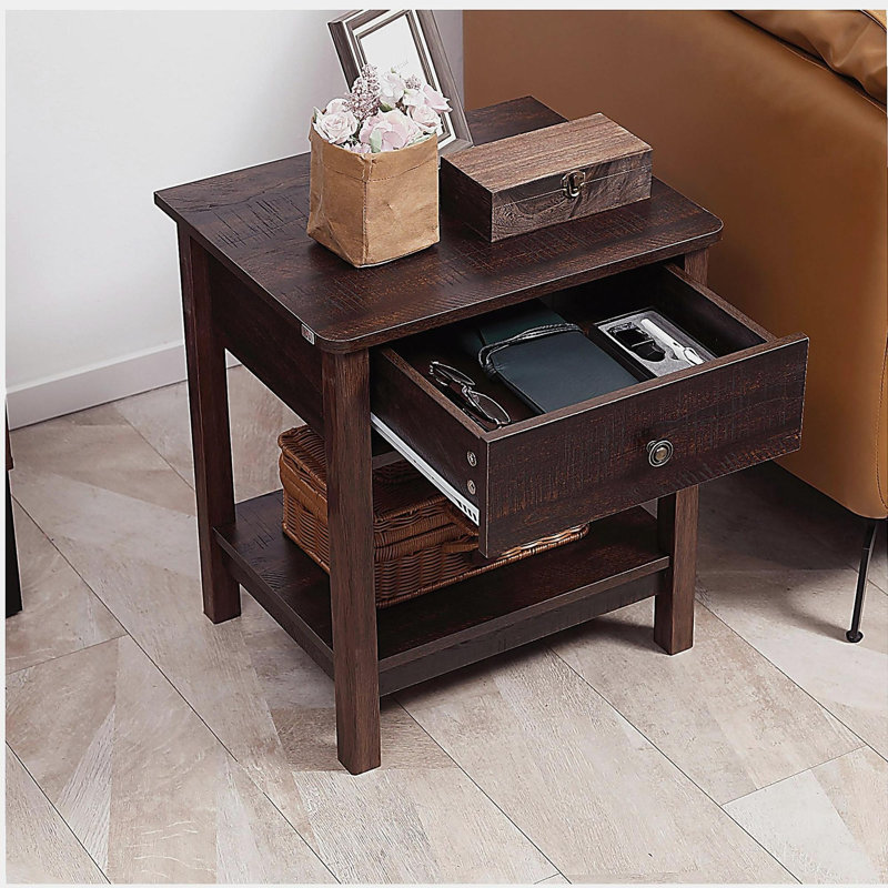 Table de bout avec tiroir, table d'appoint avec tablette supérieure et inférieure pour petits espaces HOMcom, brun foncé