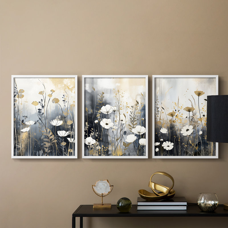 Étude florale série Cxxxxi - ensemble de 3 estampes giclées encadrées - prêt à, Cadre blanc, H 14 po x l 11 po