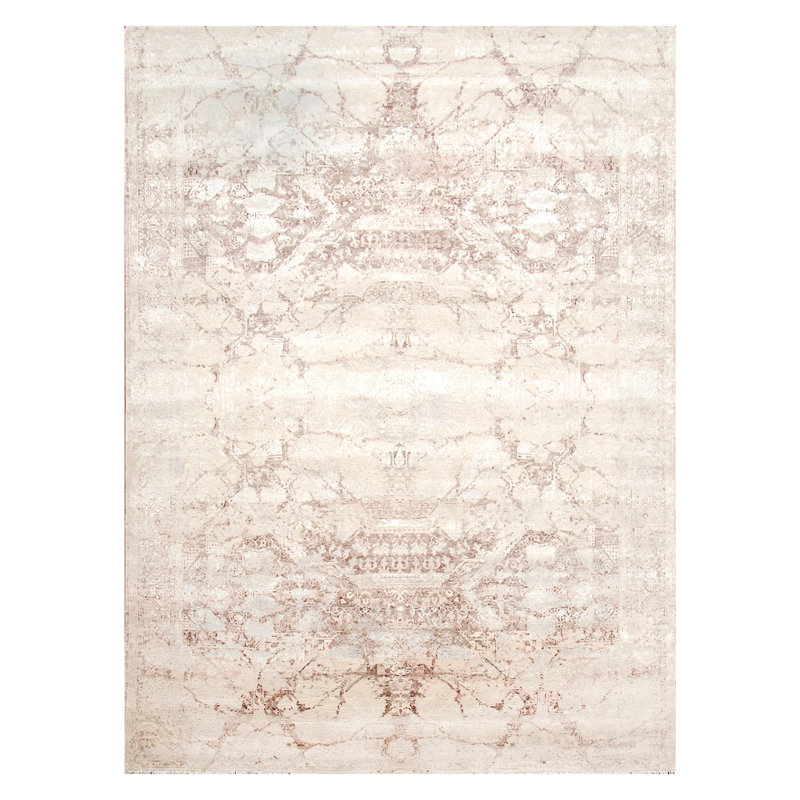 Beige Transitional Silk Wool Blend Rug - 9'1" x 12'5"