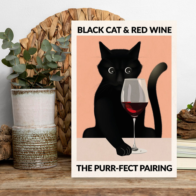 Black Cat Red Wine Classic Elegant Minimalist Cat Wall Art Print by WallChart Art Studio - Wrapped Canvas Print