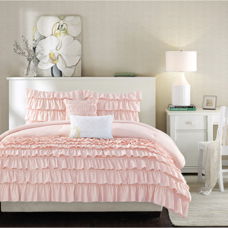 Blush Microfiber Ruffle Reversible Full Comforter Set