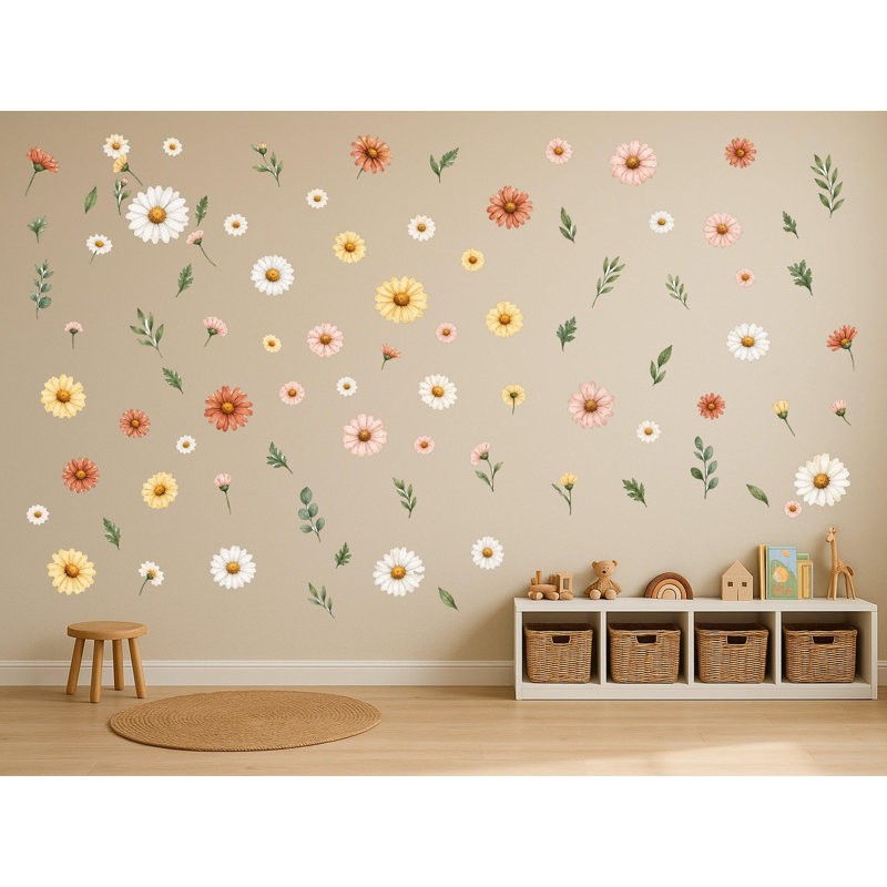 Boho Daisy Wall Decals, Set of 87 Peel and Stick Nursery Wall Stickers, Satin Finish Removable Kids Room Wall Art, 20"W x 20"H (50 x 50 cm)