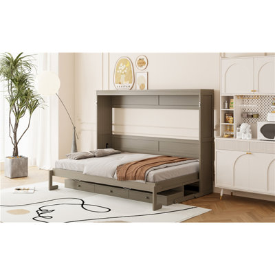 Grand lit escamotable mural avec rangement, armoire-lit pliable avec coiffeuse, miroir central et 2 tiroirs latéraux, gris vieilli