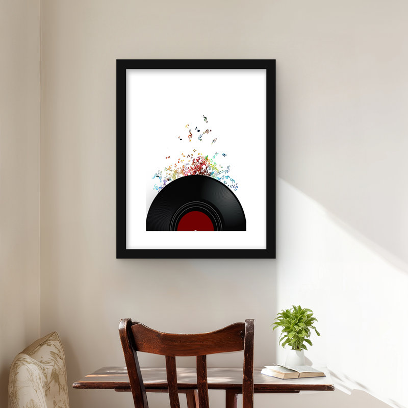 Notes qui s'échappent d'un disque vinyle - reproduction encadrée, H 20 po x l 16 po