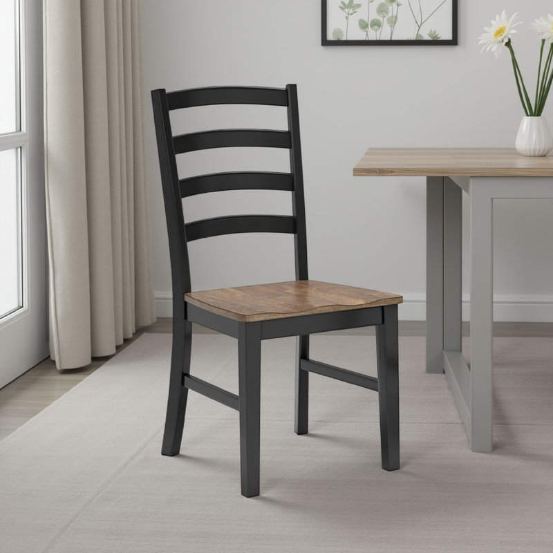 Ensemble de 2 chaises d'appoint Fleur, dossier en échelle noir, bois massif brun